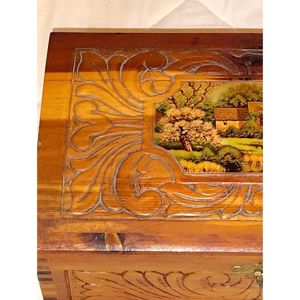 Vintage Mid-Century Carved Cedar Jewelry Box with Cottage Scene Interior Mirror